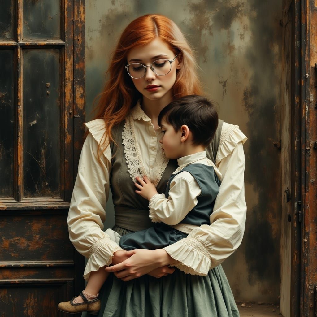 Redhead Woman and Child in Mystical Office