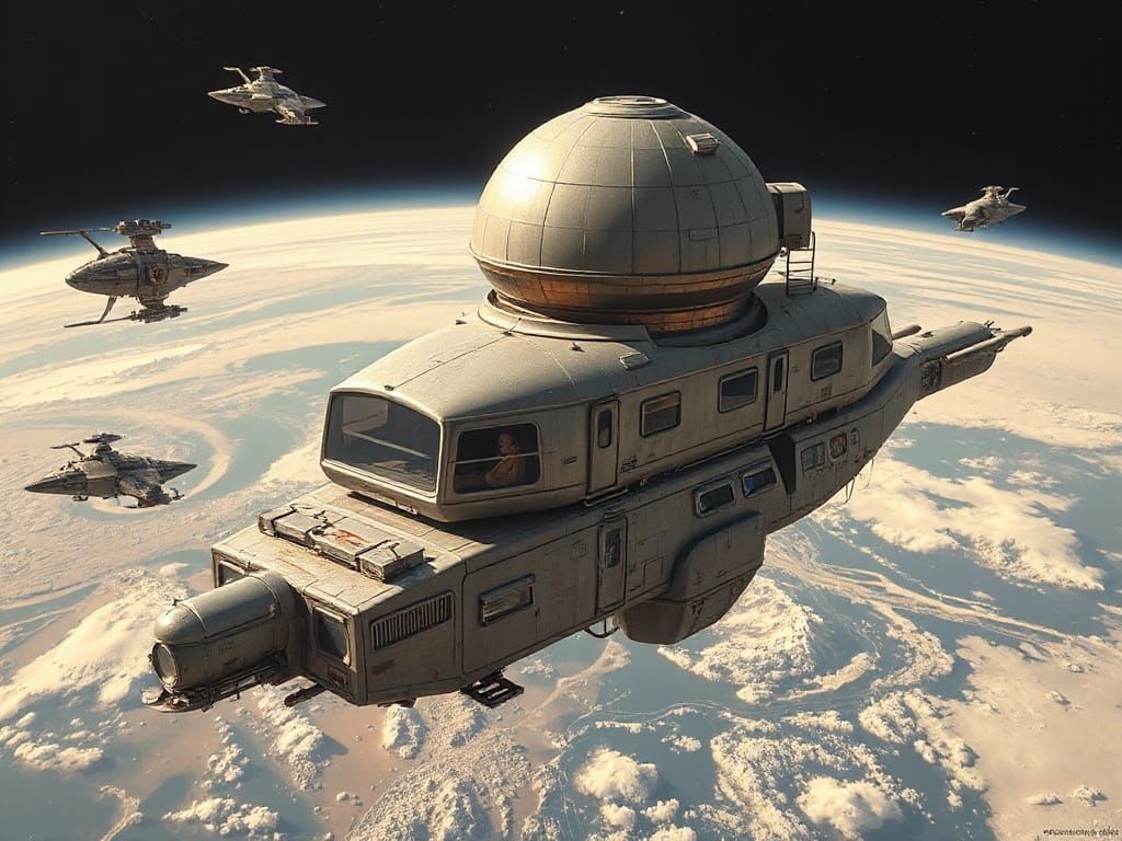 Futuristic Starship Orbiting Earth in 3D Style