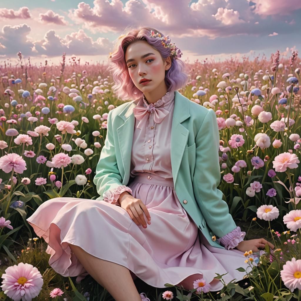 Pastel Person in a Flower Field: Whimsical Digital Art