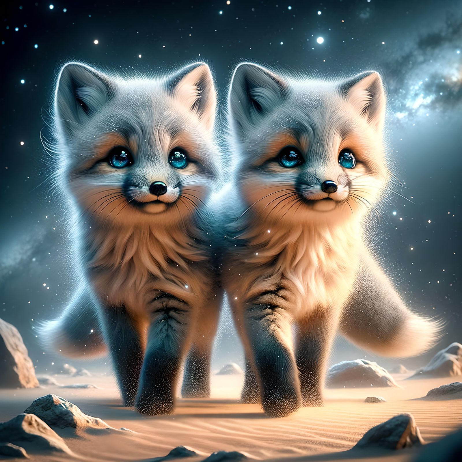 Kit Fox Twins in a Starry Desert Night