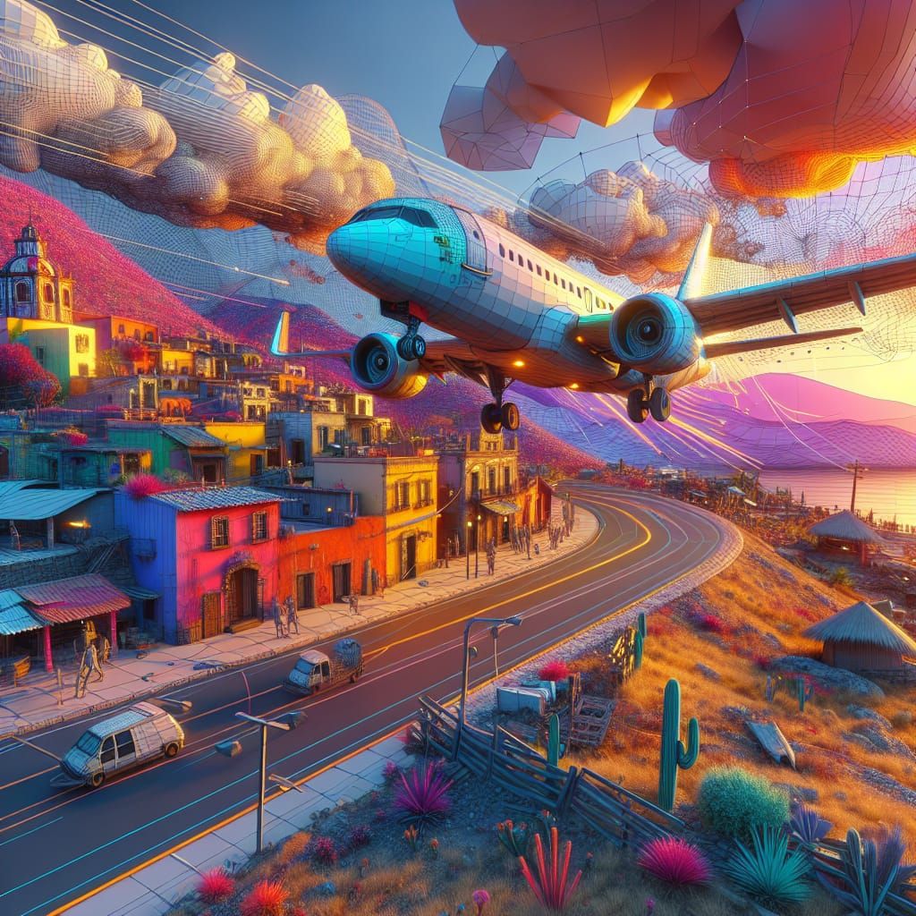 3D Plane Taking Off from Small Mexican Town