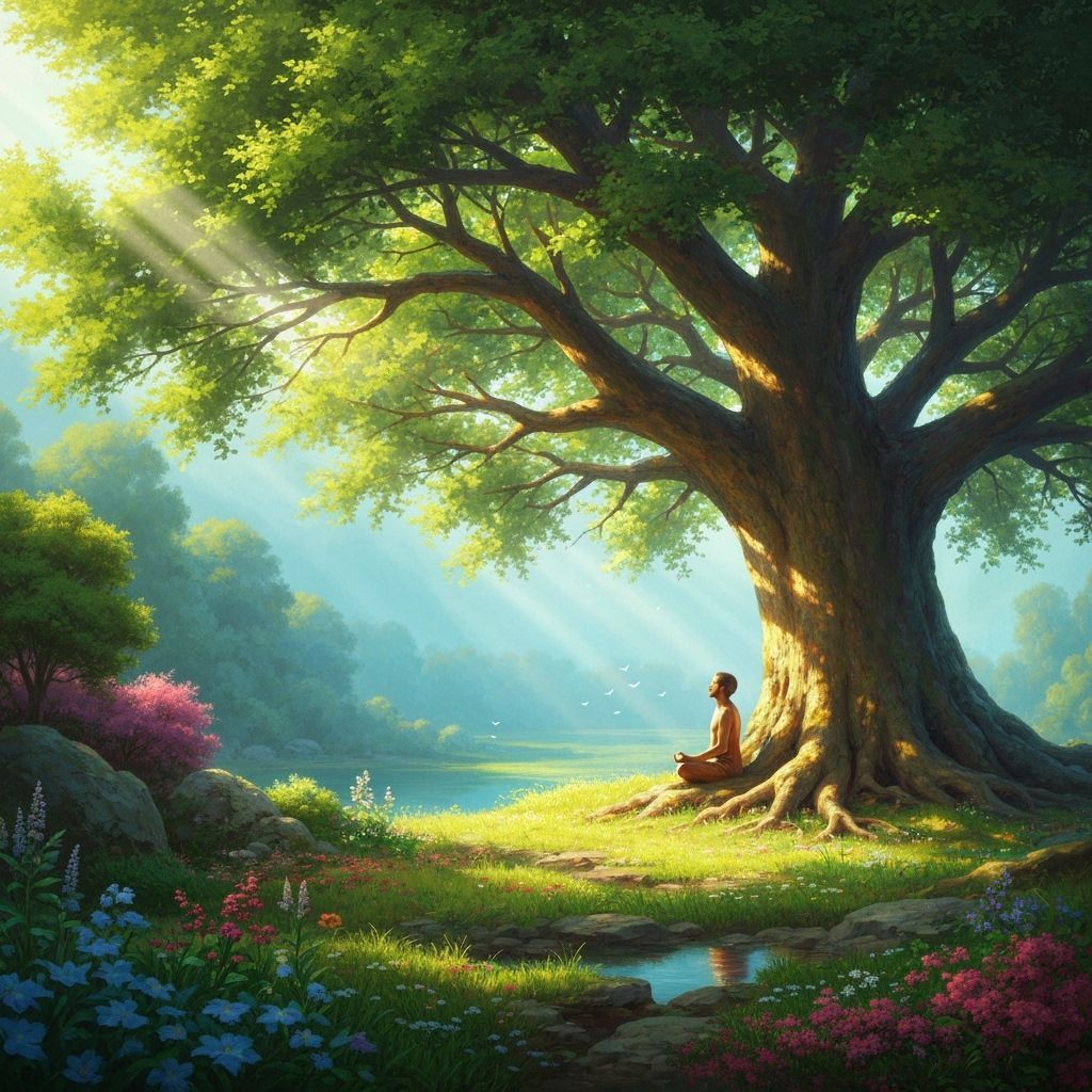 Meditating Figure Under Ancient Tree: Nature's Serene Connec...