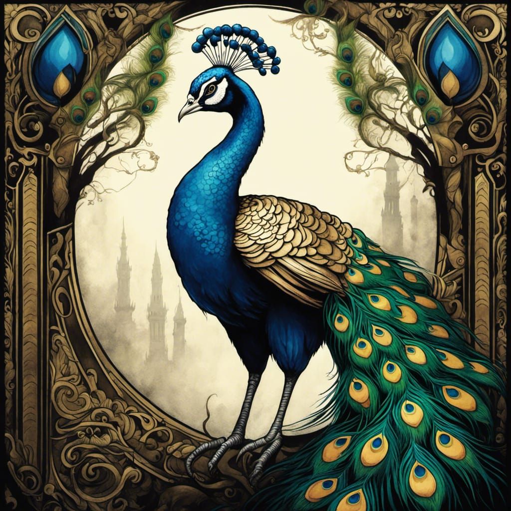 Gothic Peacock Illustration in Pen and Ink Style