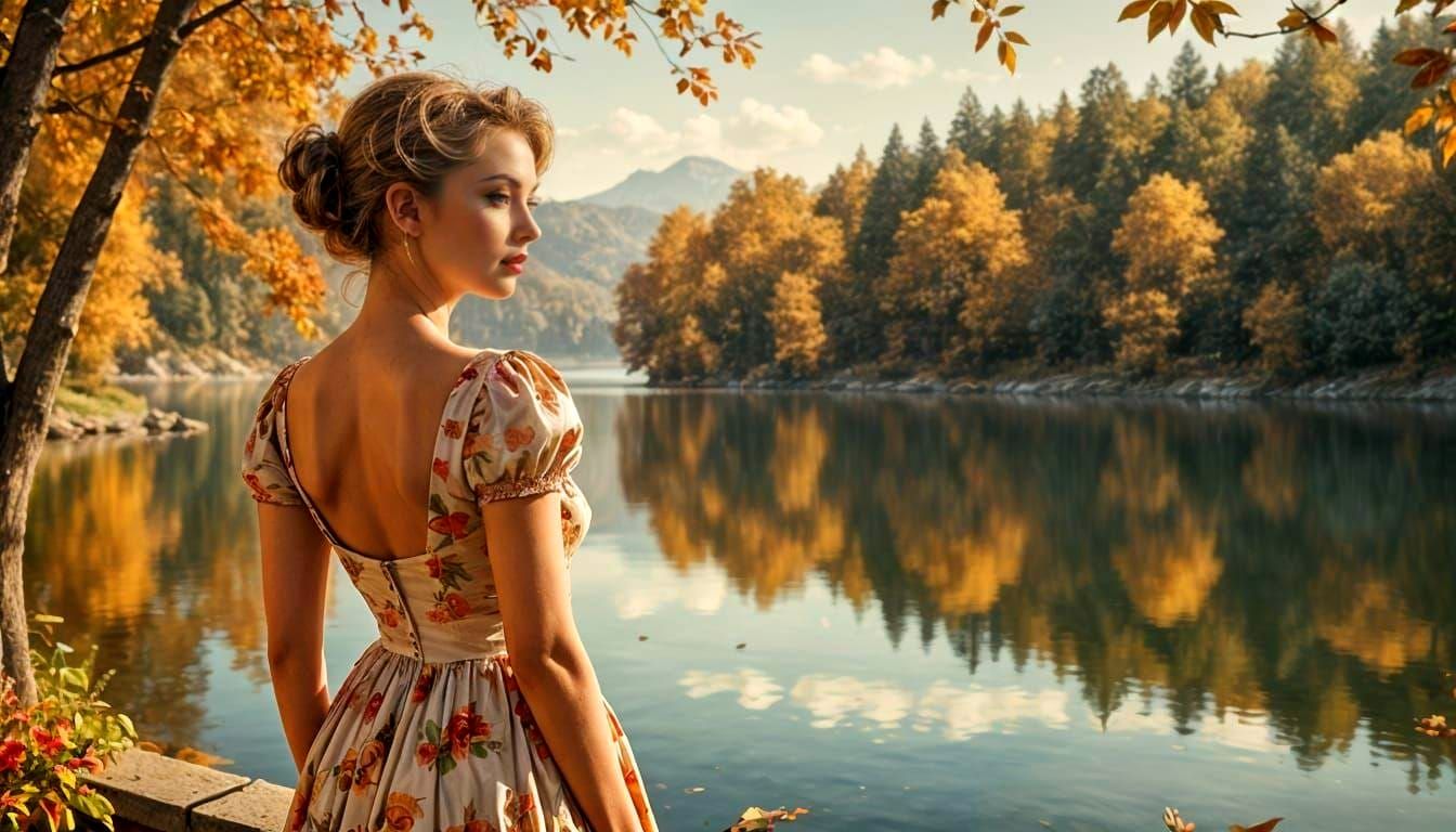 Autumn Lady Overlooking Lake in Sfumato Style