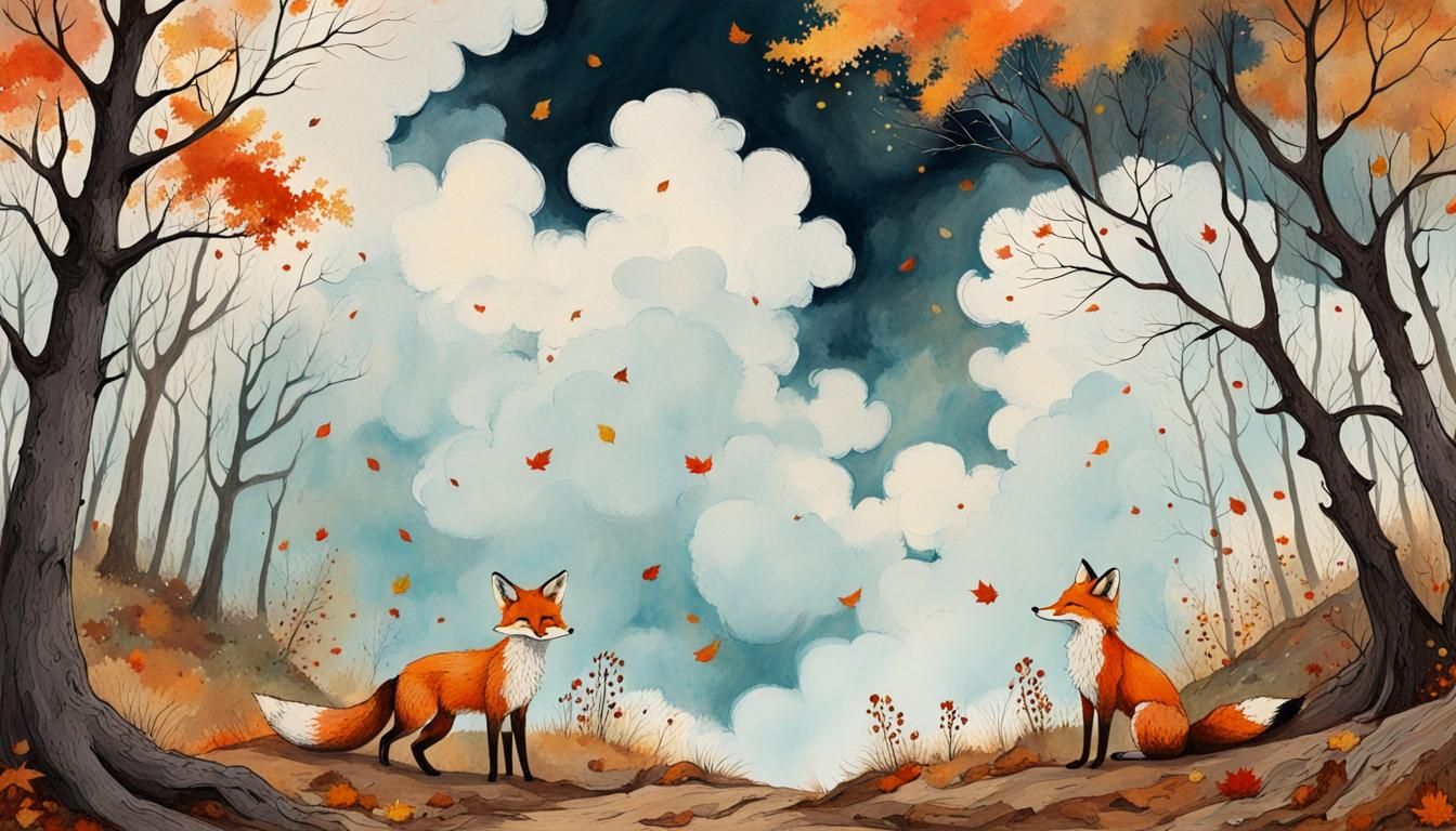 Woodland Foxes Clearing: Whimsical Autumn Painting