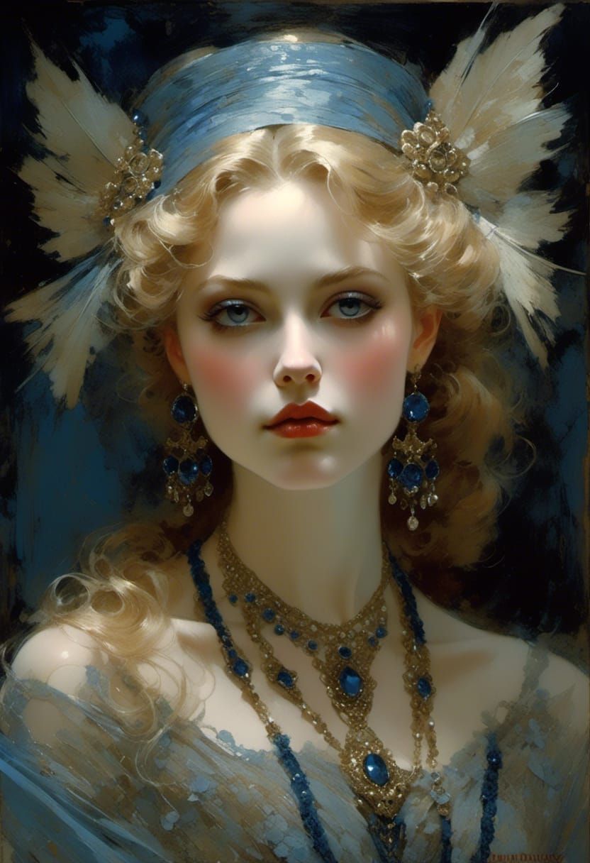 Woman in Blue Lace Gown, Fantasy Art