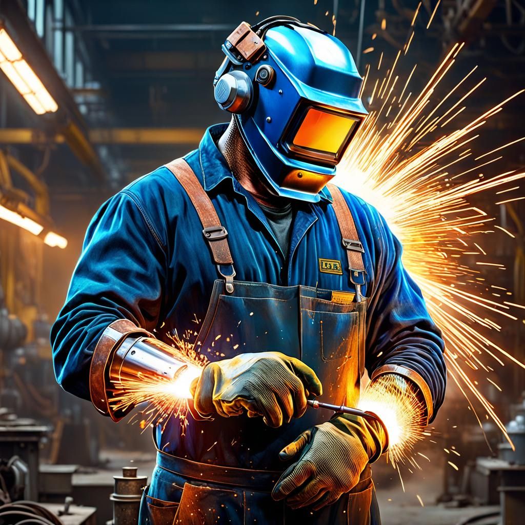 Welder Portrait in Industrial Setting: Hyperdetailed Art