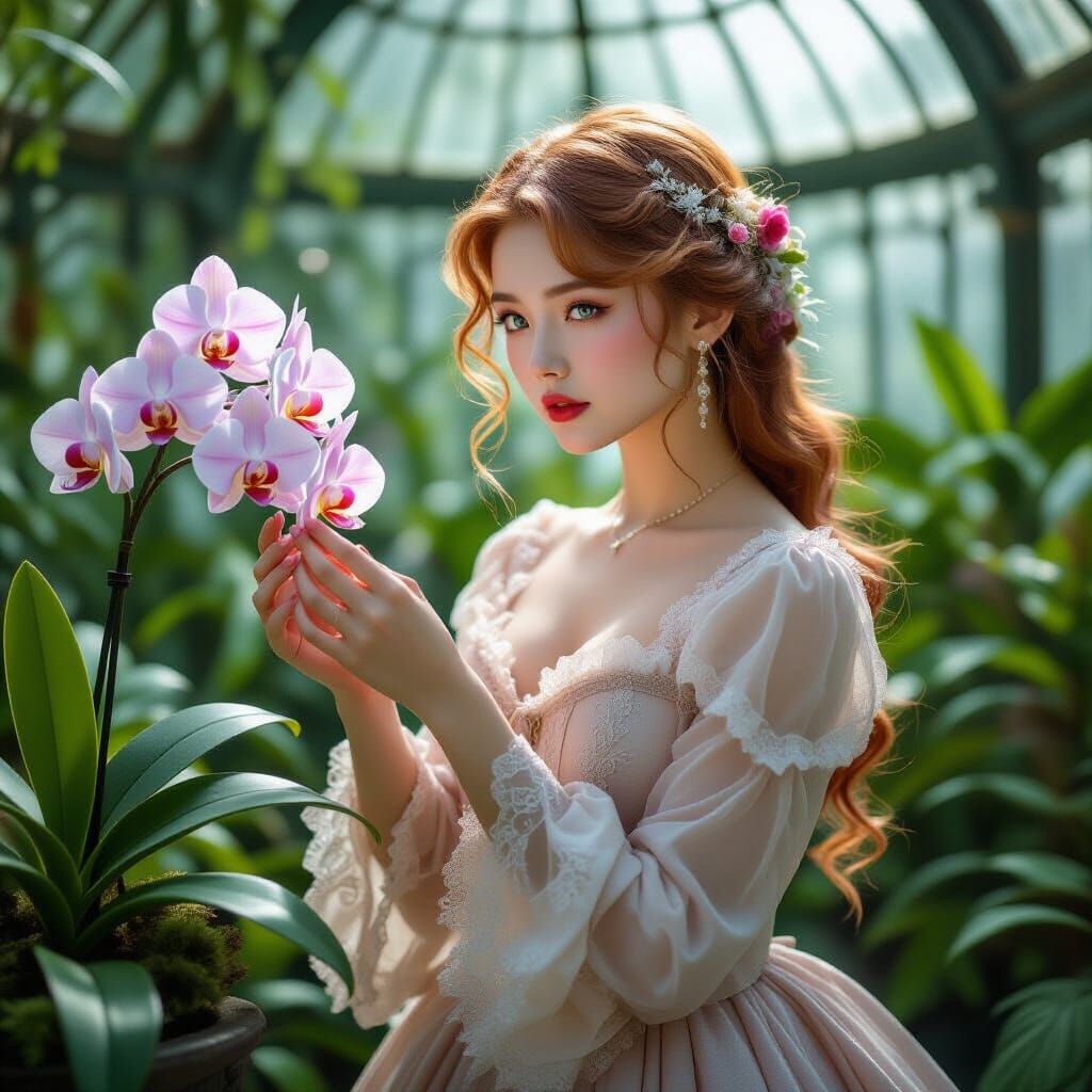 Korean Girl in Gothic Greenhouse, in Hyperdetailed Fantasy S...