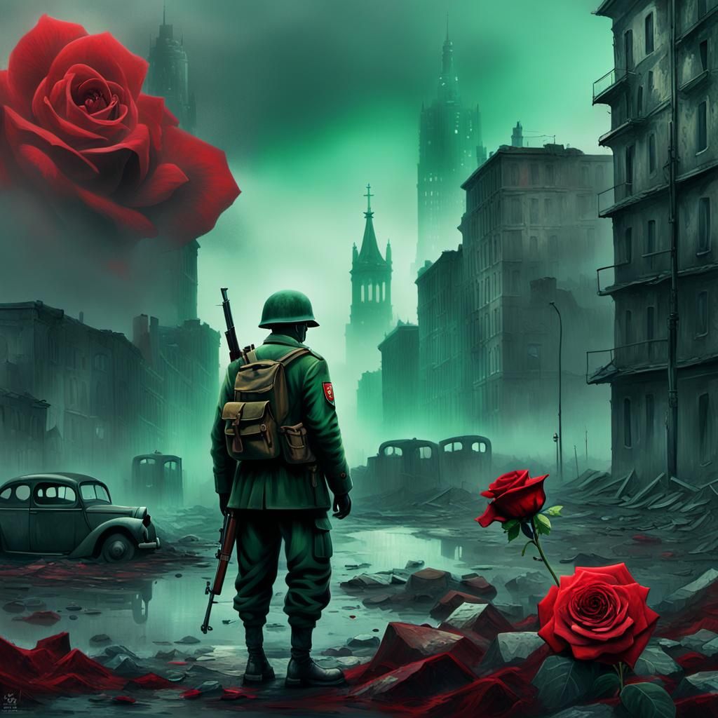 World War II Soldier With Rose in Ruined City