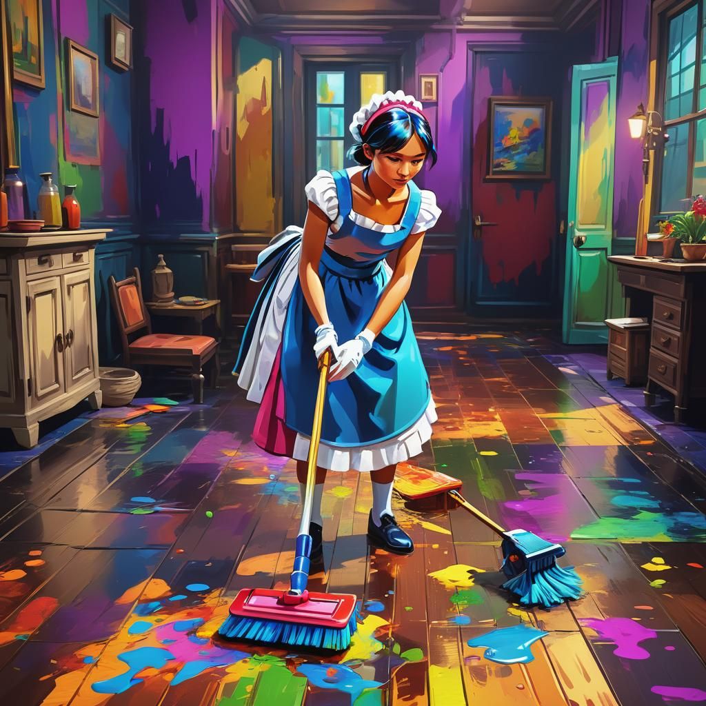 Maid Mopping Floor in Fauvist 3D Style