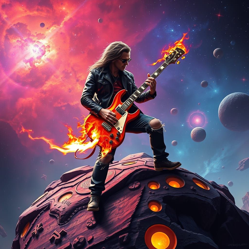 Cosmic Rockstar Shreds Flaming Guitar in Nebula