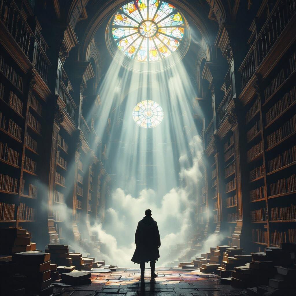 Adventurer in Ancient Library with Ethereal Mist