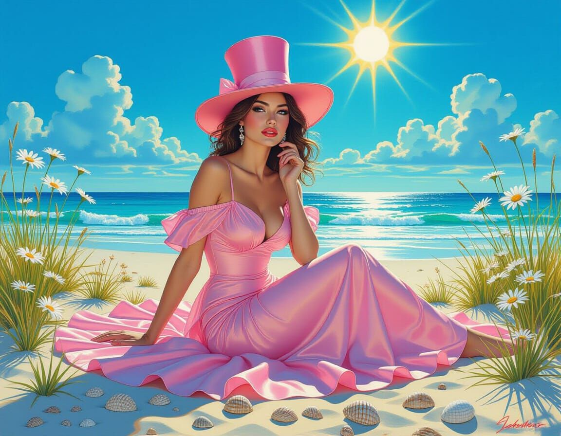 Woman in Pink Dress on Beach, in Oil Painting Style