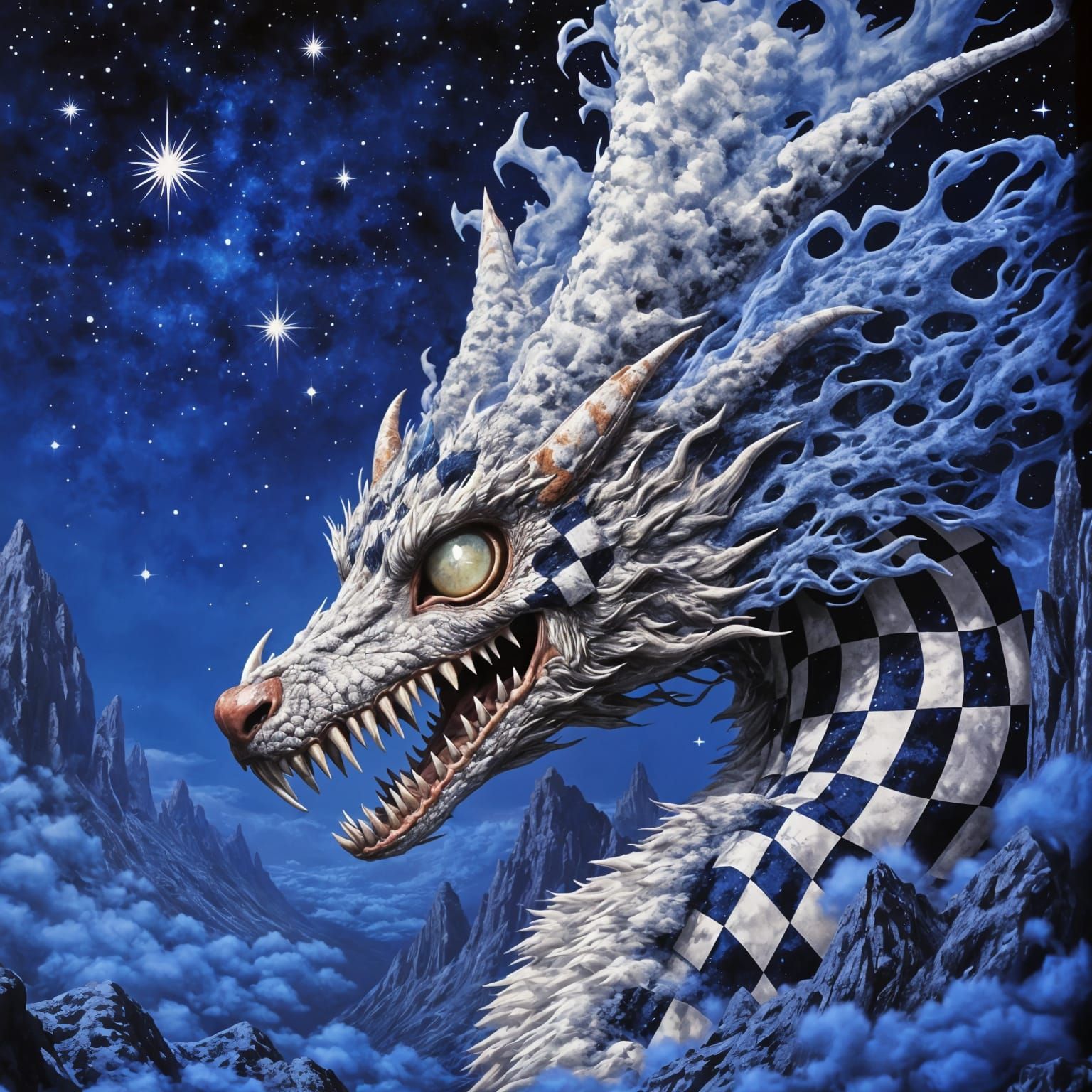 Adorable Checkered Dragon in Surreal Fantasy Landscape