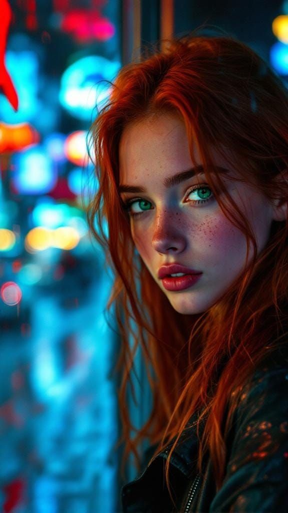 Neon Cyberpunk Woman in Rain Soaked City