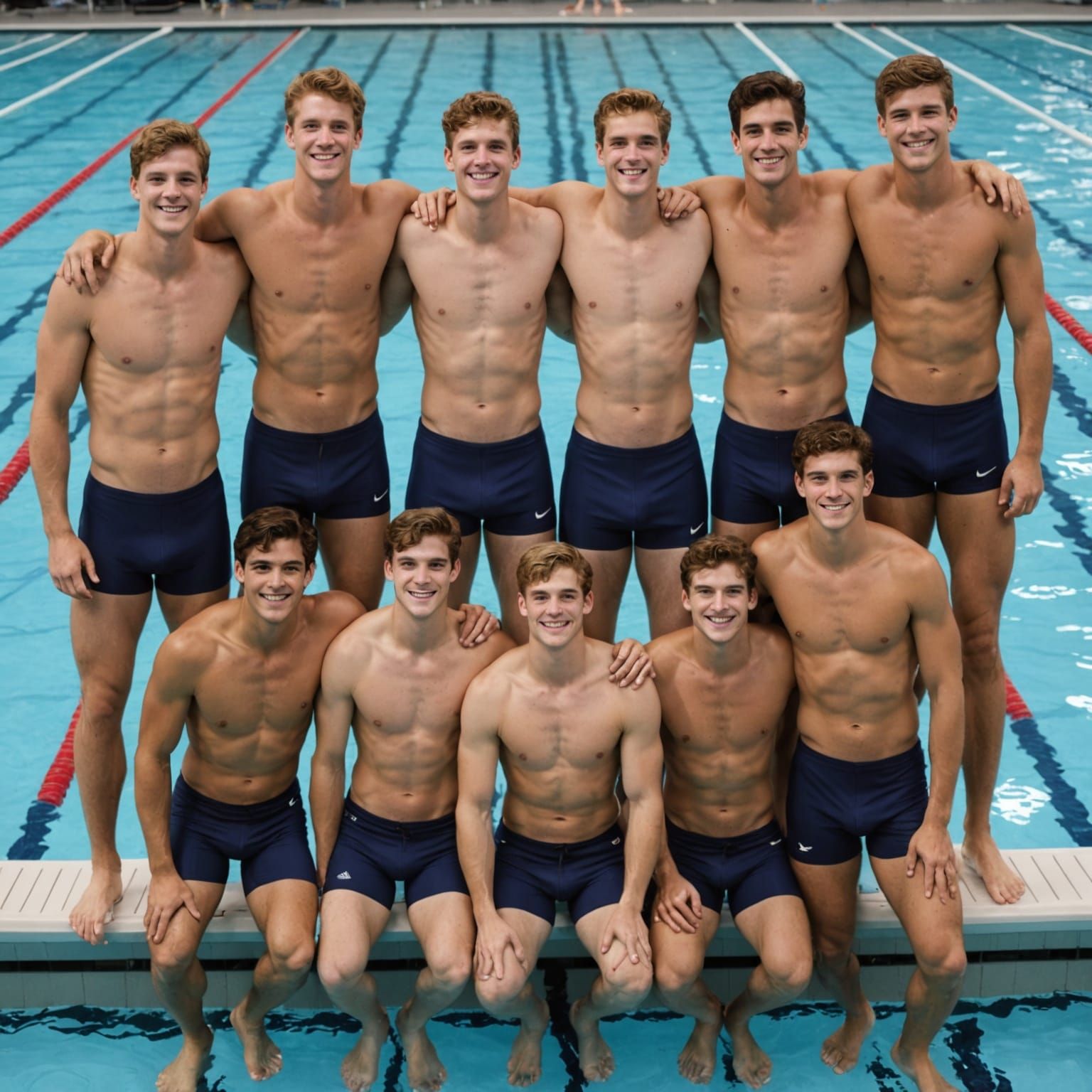 Young Men's College Swim Team Pose on Bleachers in Olympic-S...