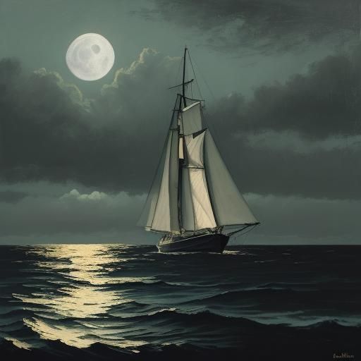 Monochromatic Nocturne Painting of Sailboat at Night