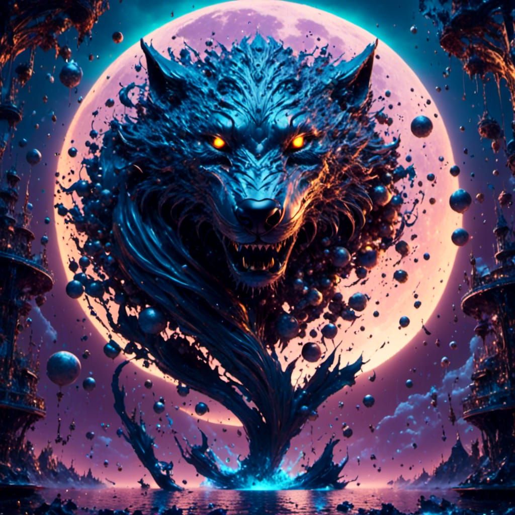 Wolf-Dolphin Hybrid Under Full Moon in Fantasy Art