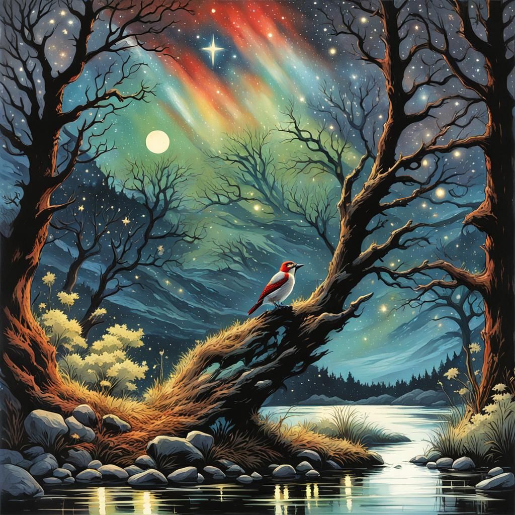 Bioluminescent Woodpecker in High Gothic Watercolor