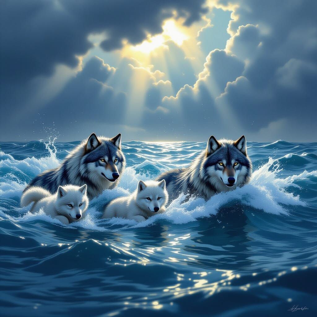 Wolf Family Bravely Swims Through Stormy Ocean