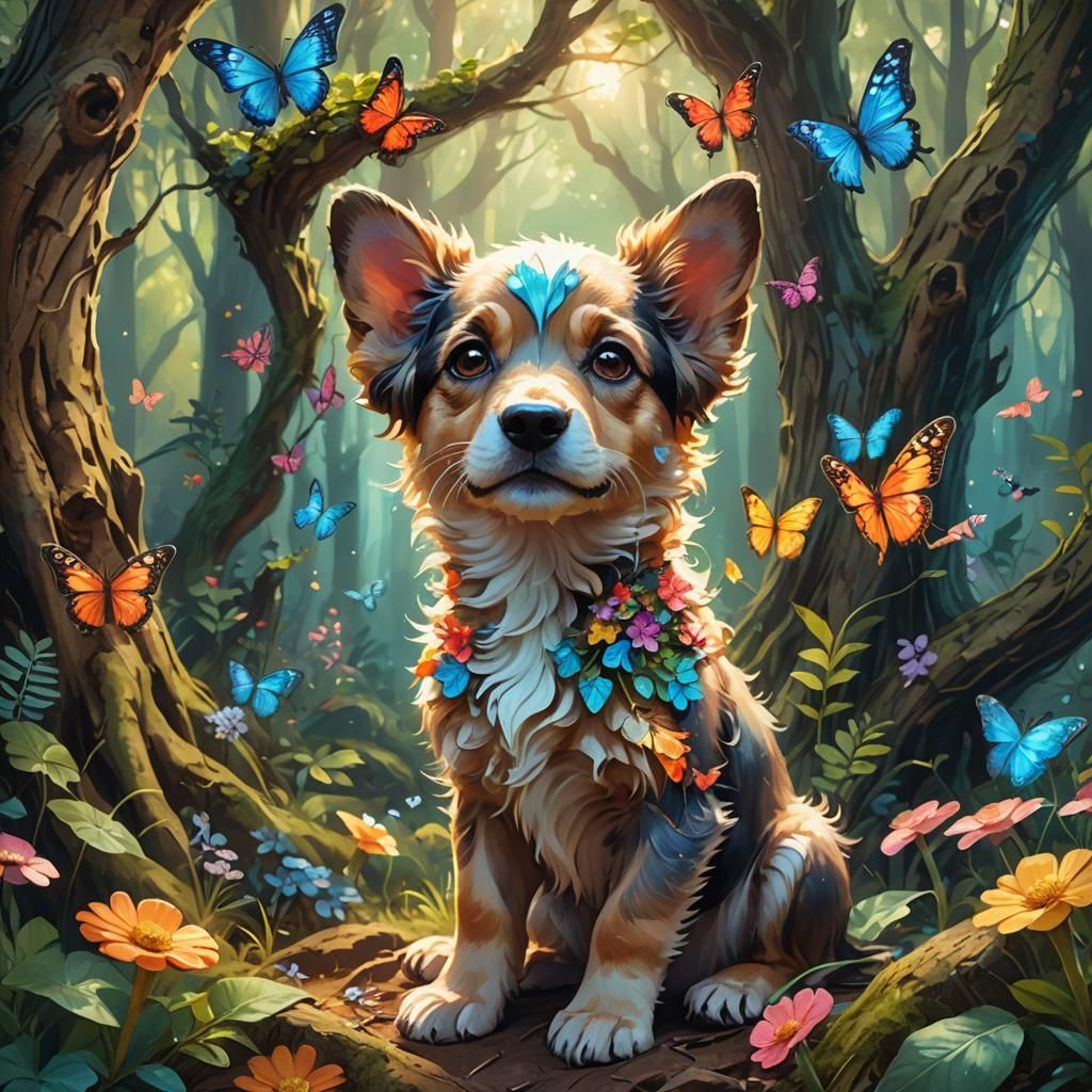 Puppy Crowned by Forest Spirits: Fantasy Concept Art