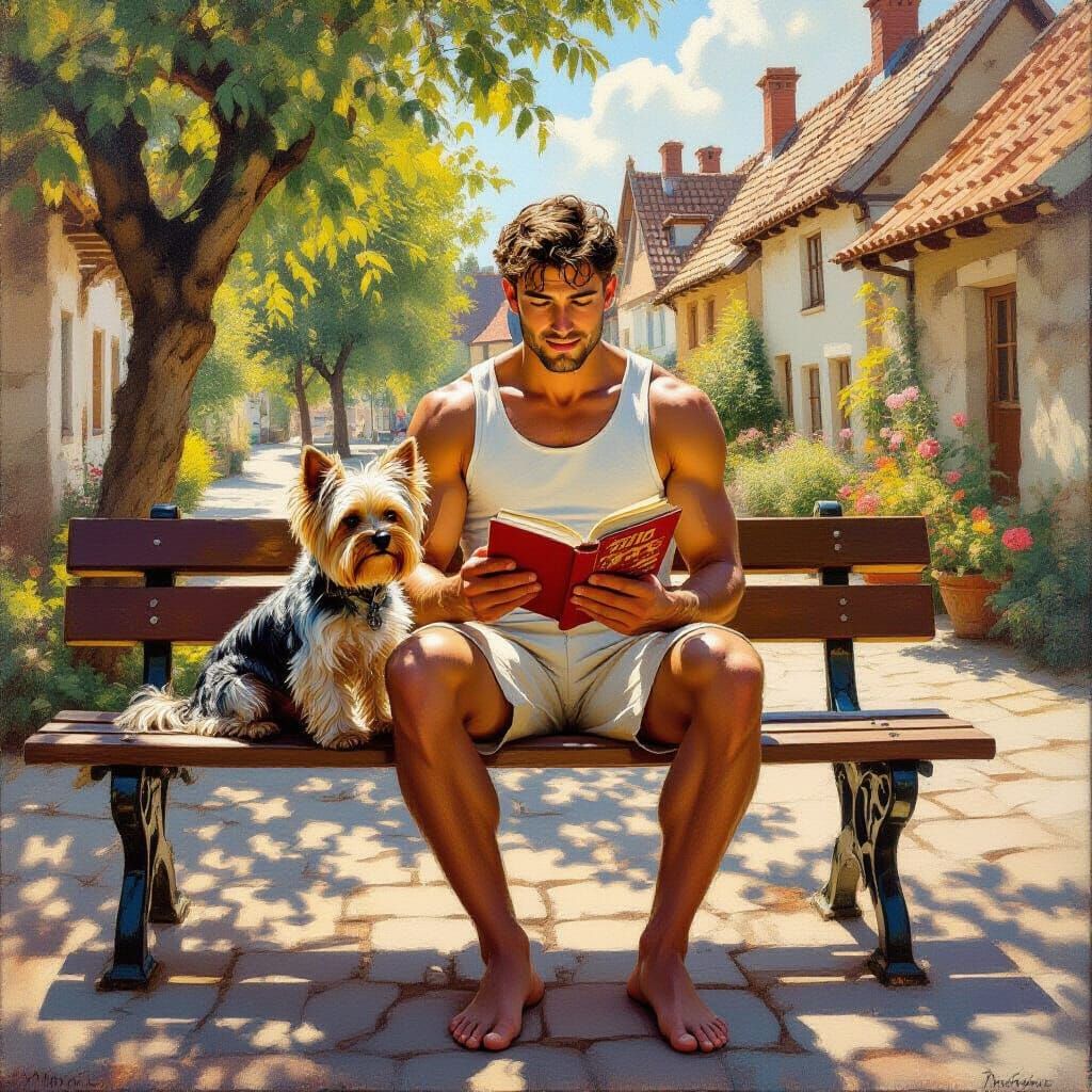Man Reading Book with Dog in Village Square Oil Painting