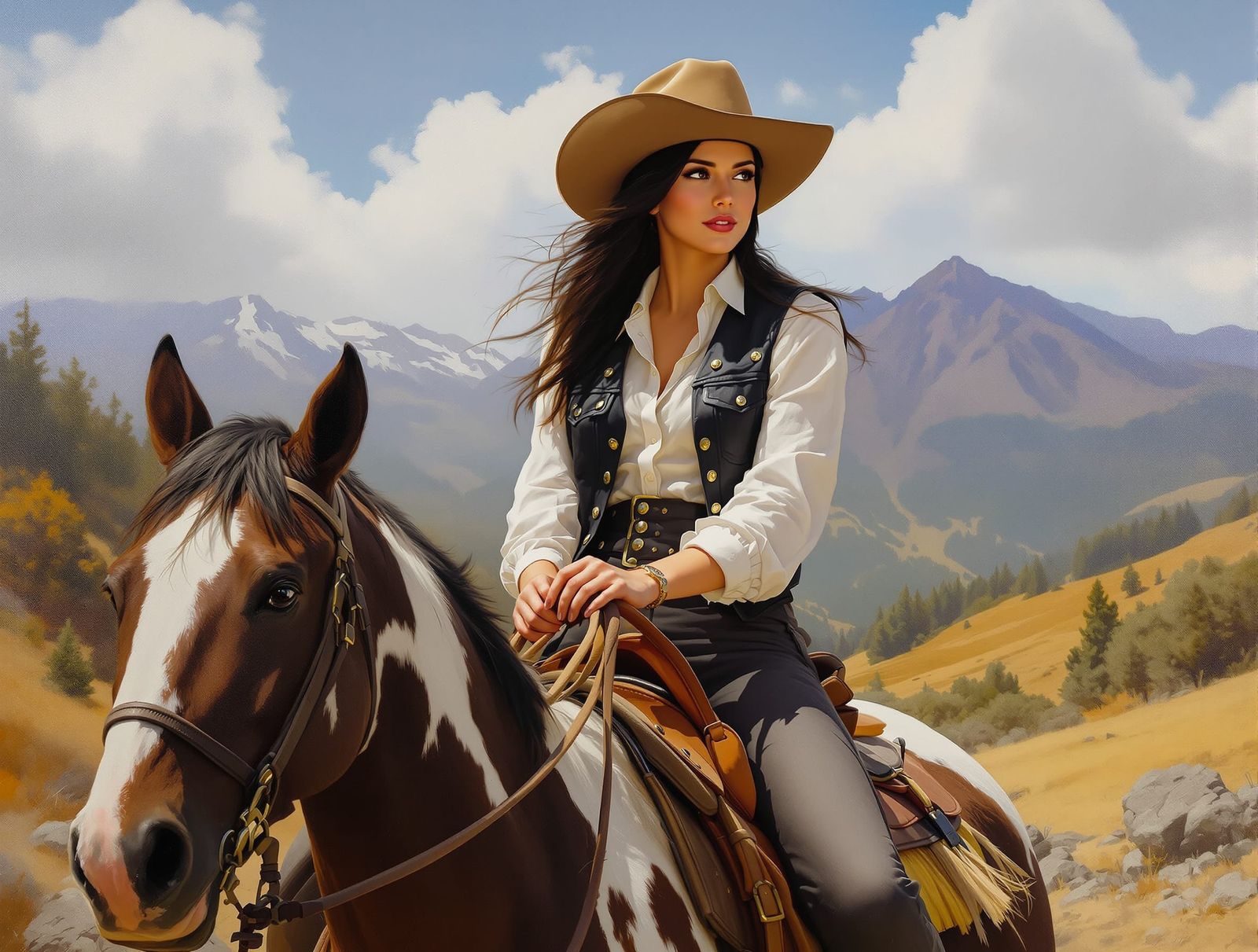 Cowgirl Rides Pinto Horse on Mountain Trail Oil Painting