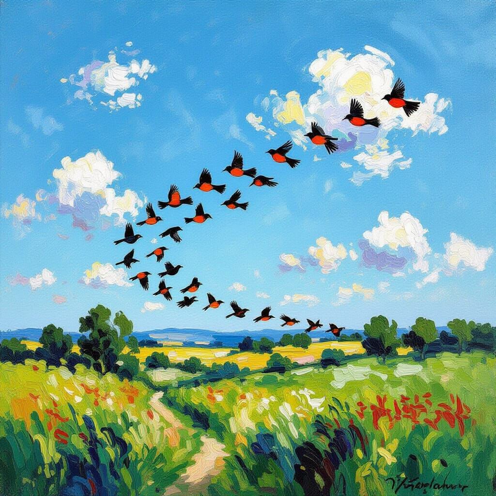 Robins Soar in V Formation Impasto Impressionist Style