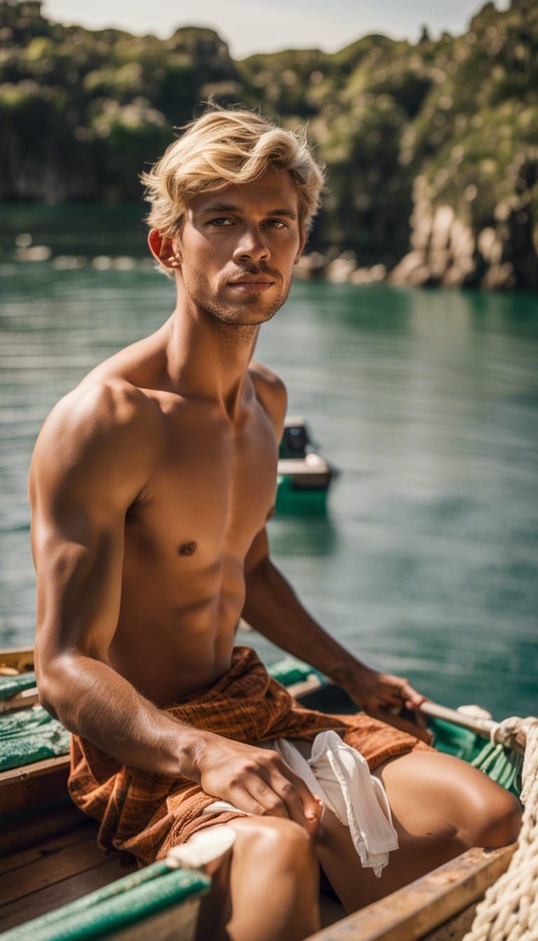 Young Fisherman in Sarong on Boat