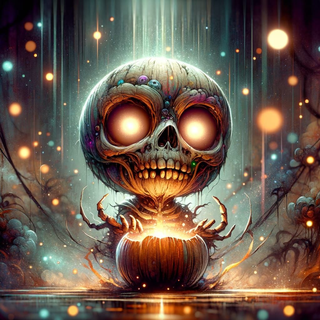 Undead Coconut Chibi Character in Watercolor Style