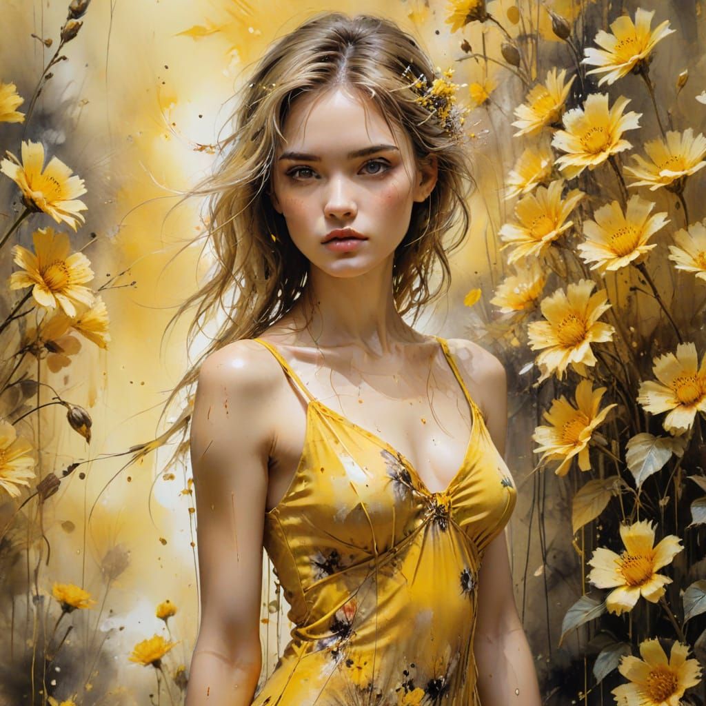 Fashion Model in Yellow Dress, Watercolour Style
