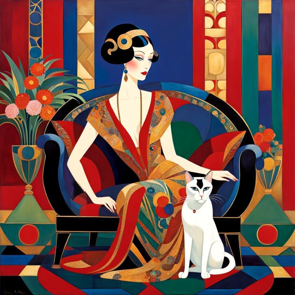 Elegant Art Deco Woman with Siamese Cat