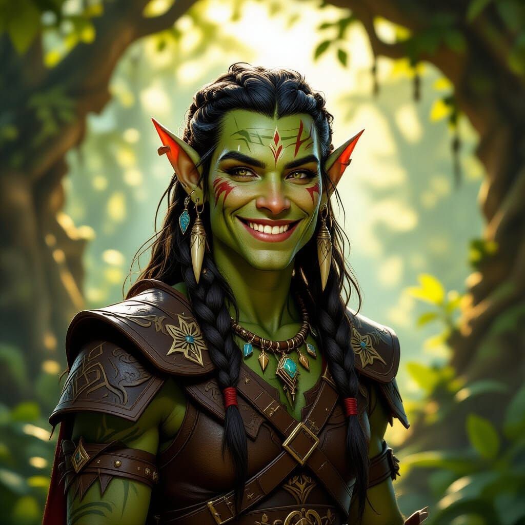 Noble Elf Orc Hybrid in Sunlit Forest