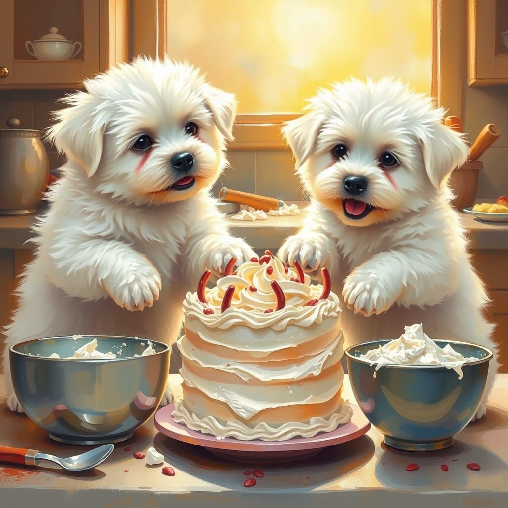 Puppies Baking a Cake in Whimsical Impressionist Style