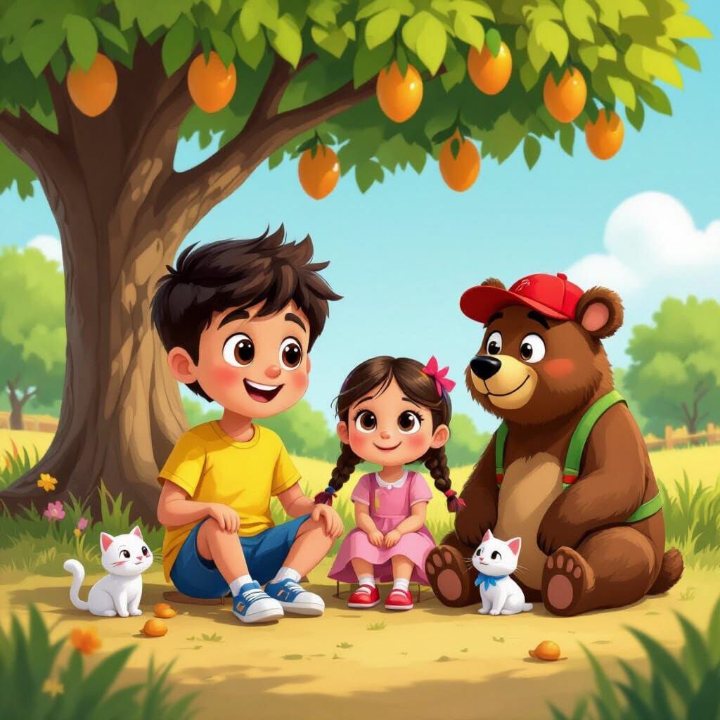 Children Under Mango Tree With Talking Bear