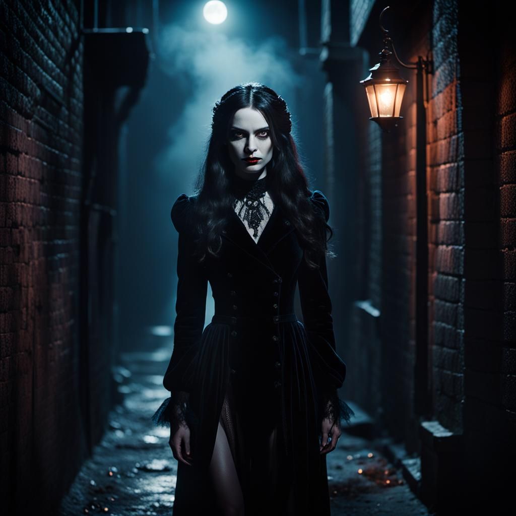Gothic noir portrait of a powerful feminine figure in a dark...