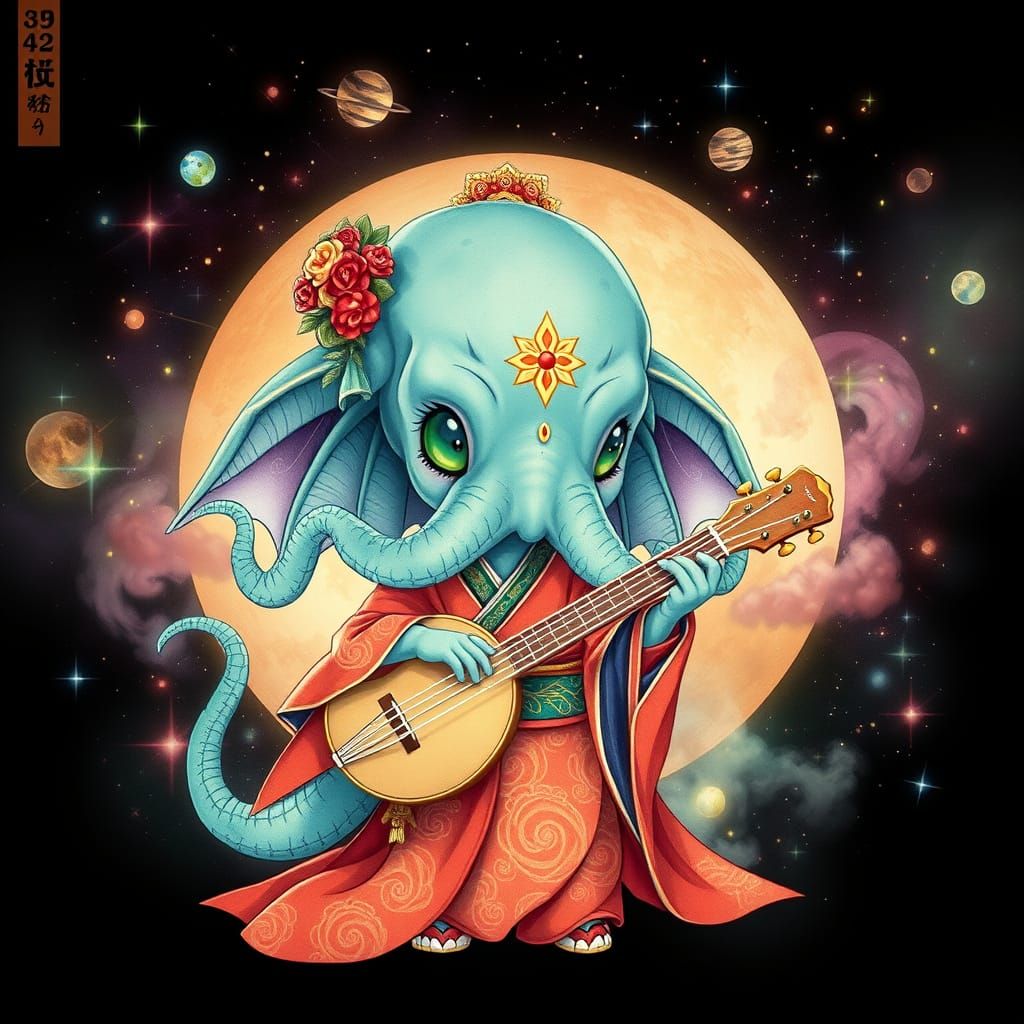 Chibi Cthulhu Geisha Plays Shamisen in Sumi-e Style