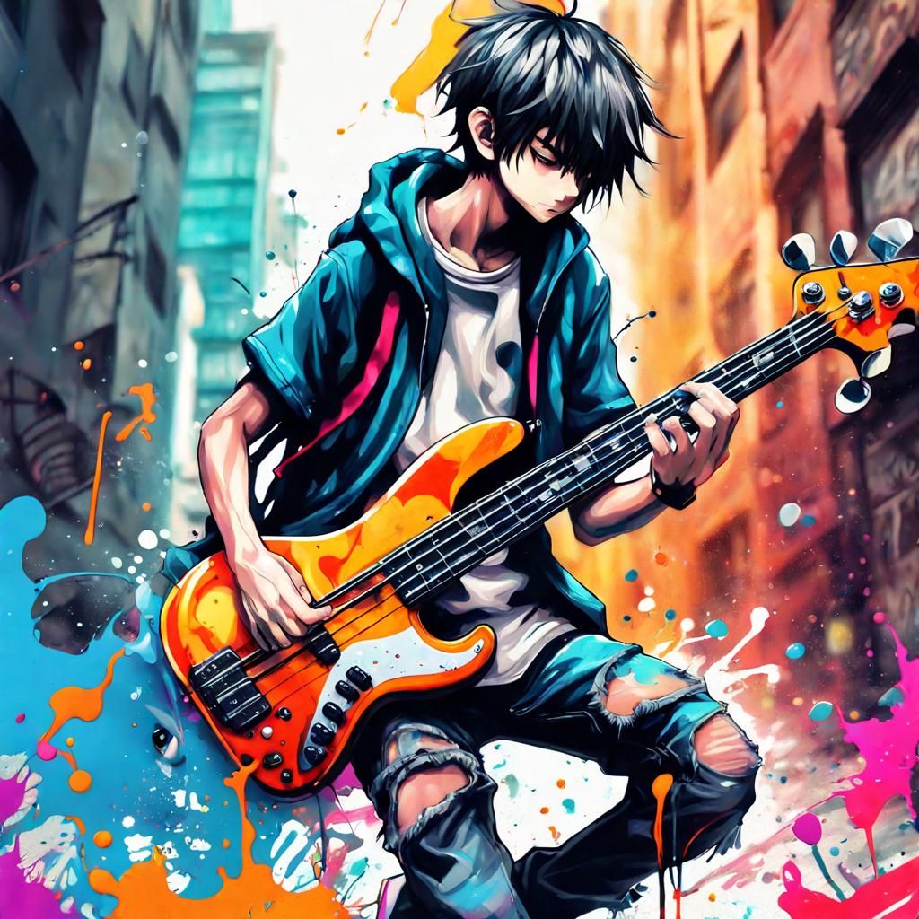 Anime Boy Bassist in Graffiti Street Art Style