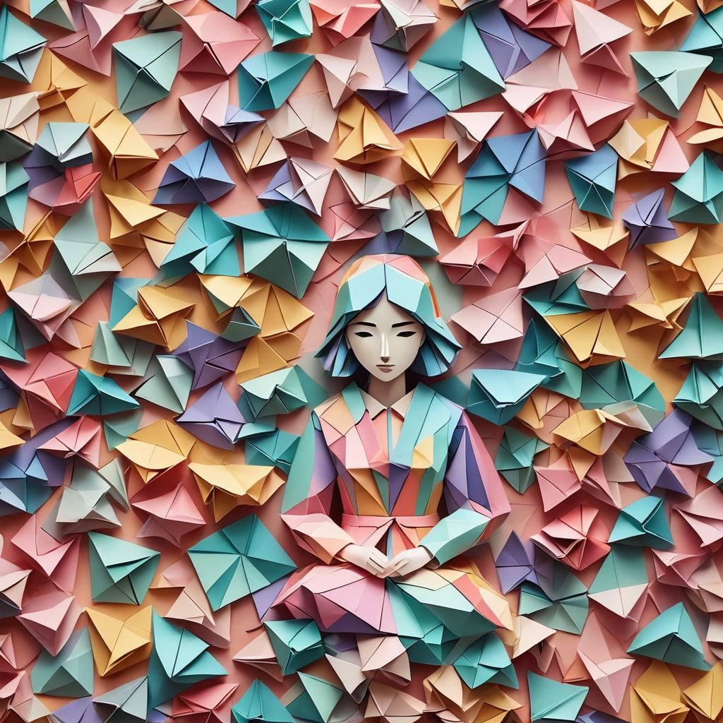 Origami Girl Papercraft Digital Art in Pastel Colors