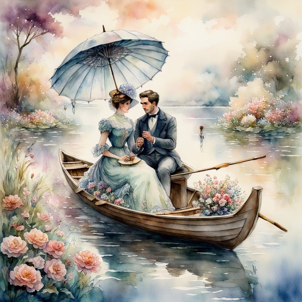 Victorian Couple in Rowboat on Serene Lake