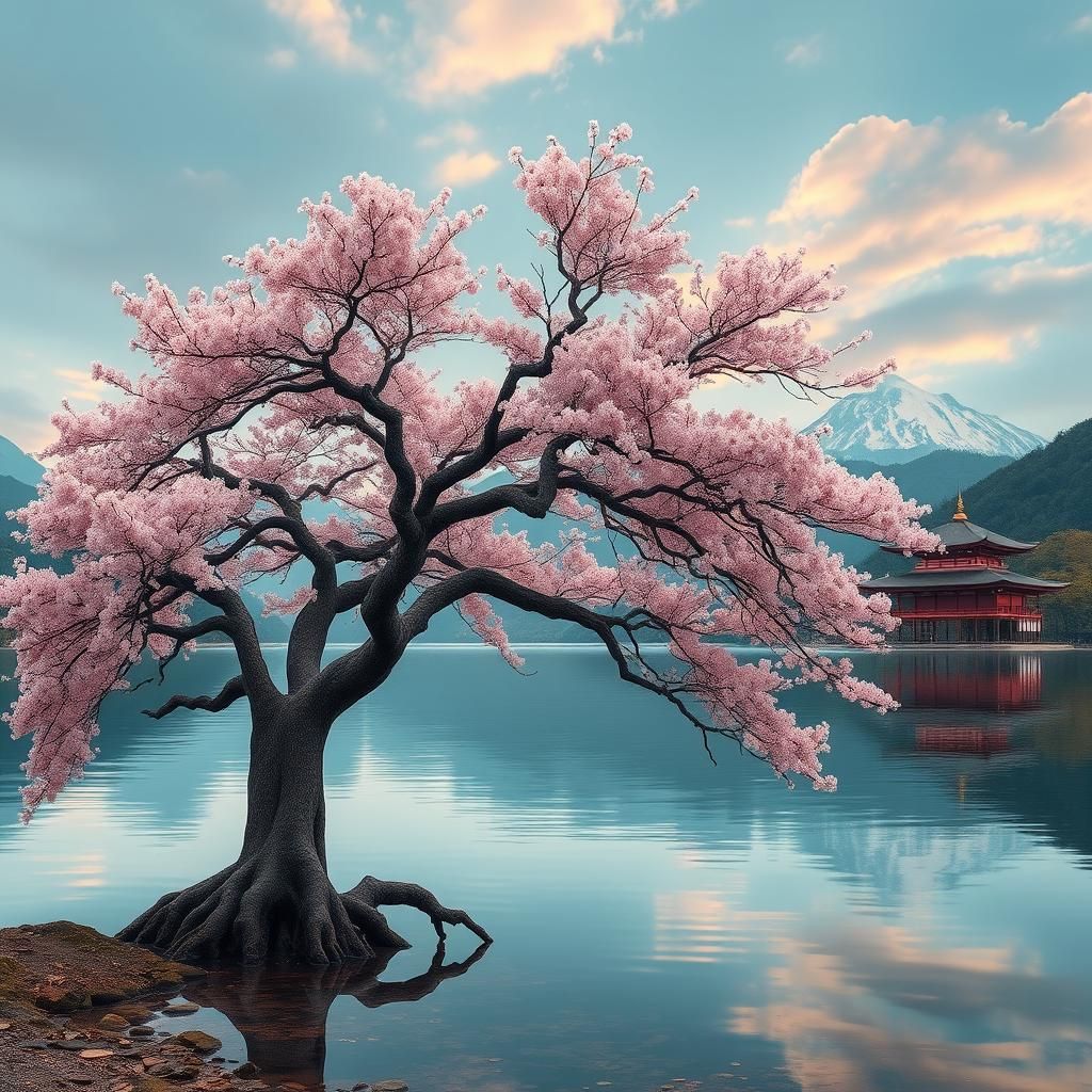 Serene Sakura Tree Landscape with Mountains