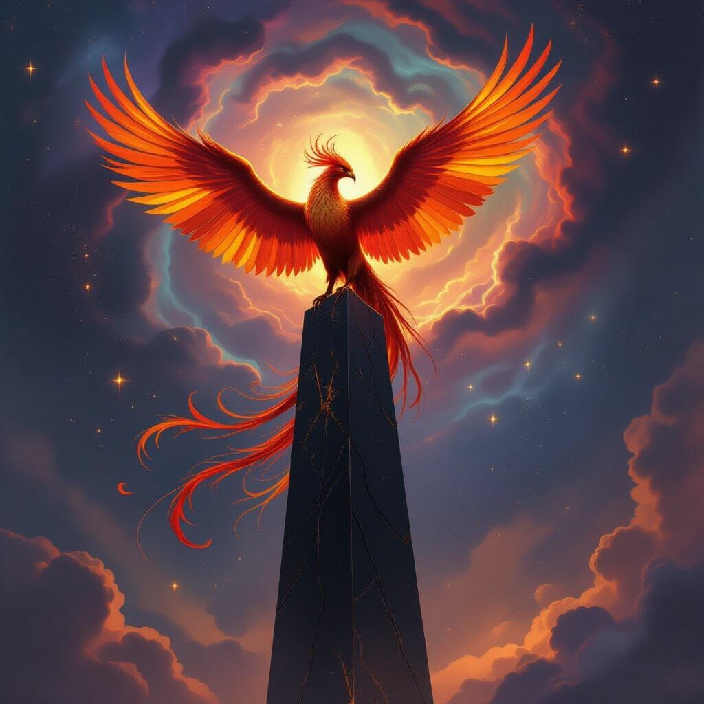 Phoenix of Gold and Embers on Obsidian Obelisk
