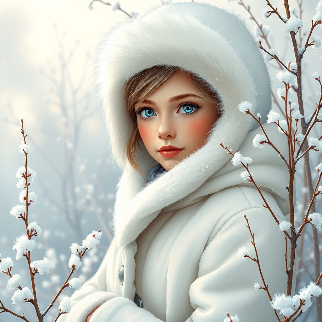 Charming Girl in Winter Garden, Classic Painting Style