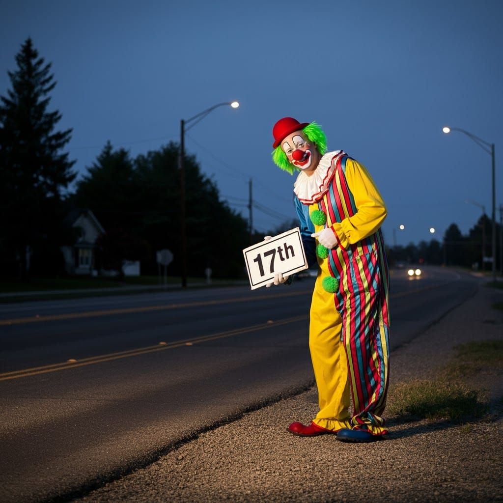Clown Holding a Sign on the Roadside