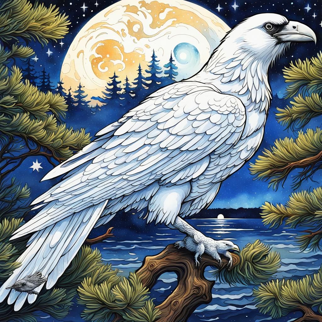 Ethereal White Raven Under Starry Night in Gouache Style