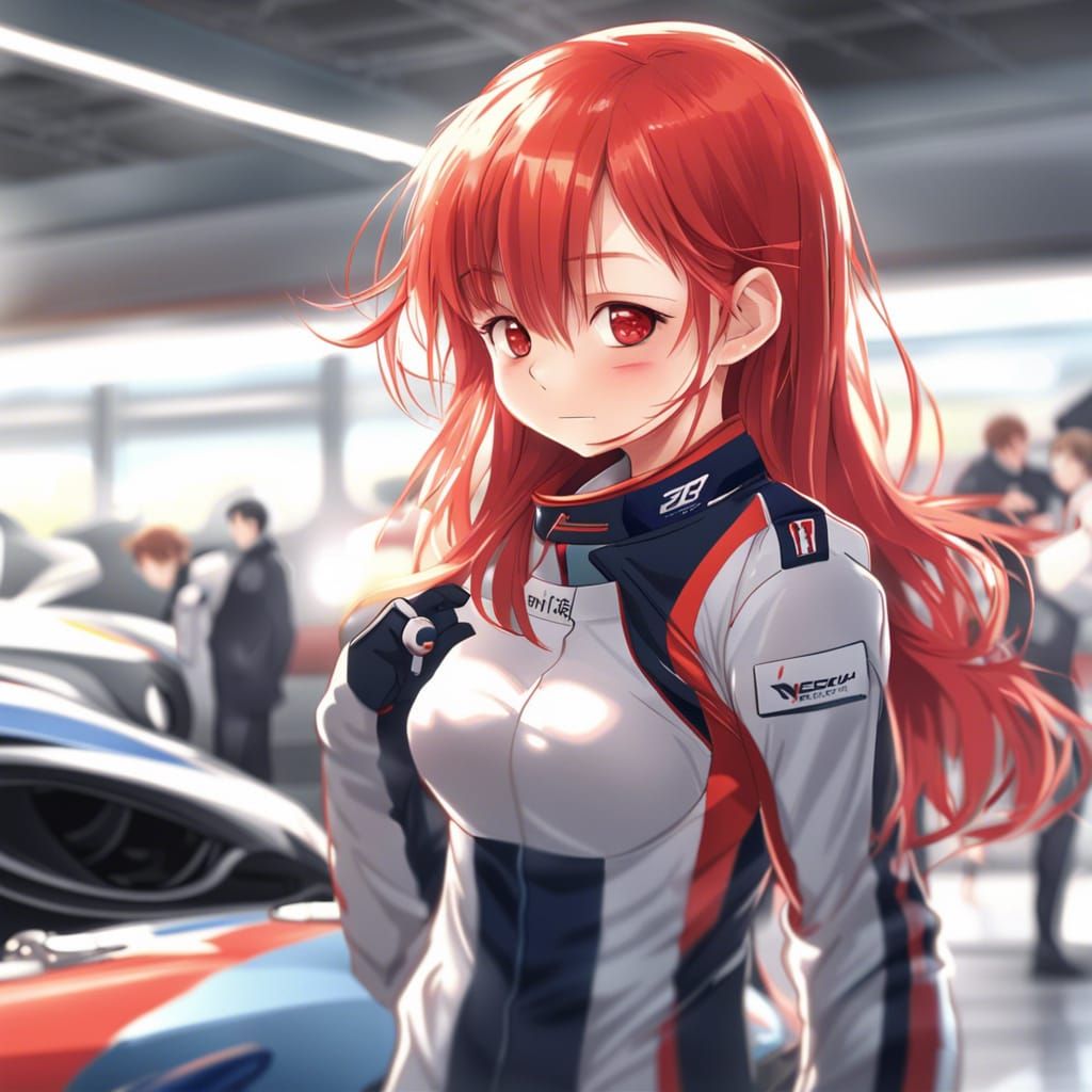 Anime Girl Prepares for Race with Supercar