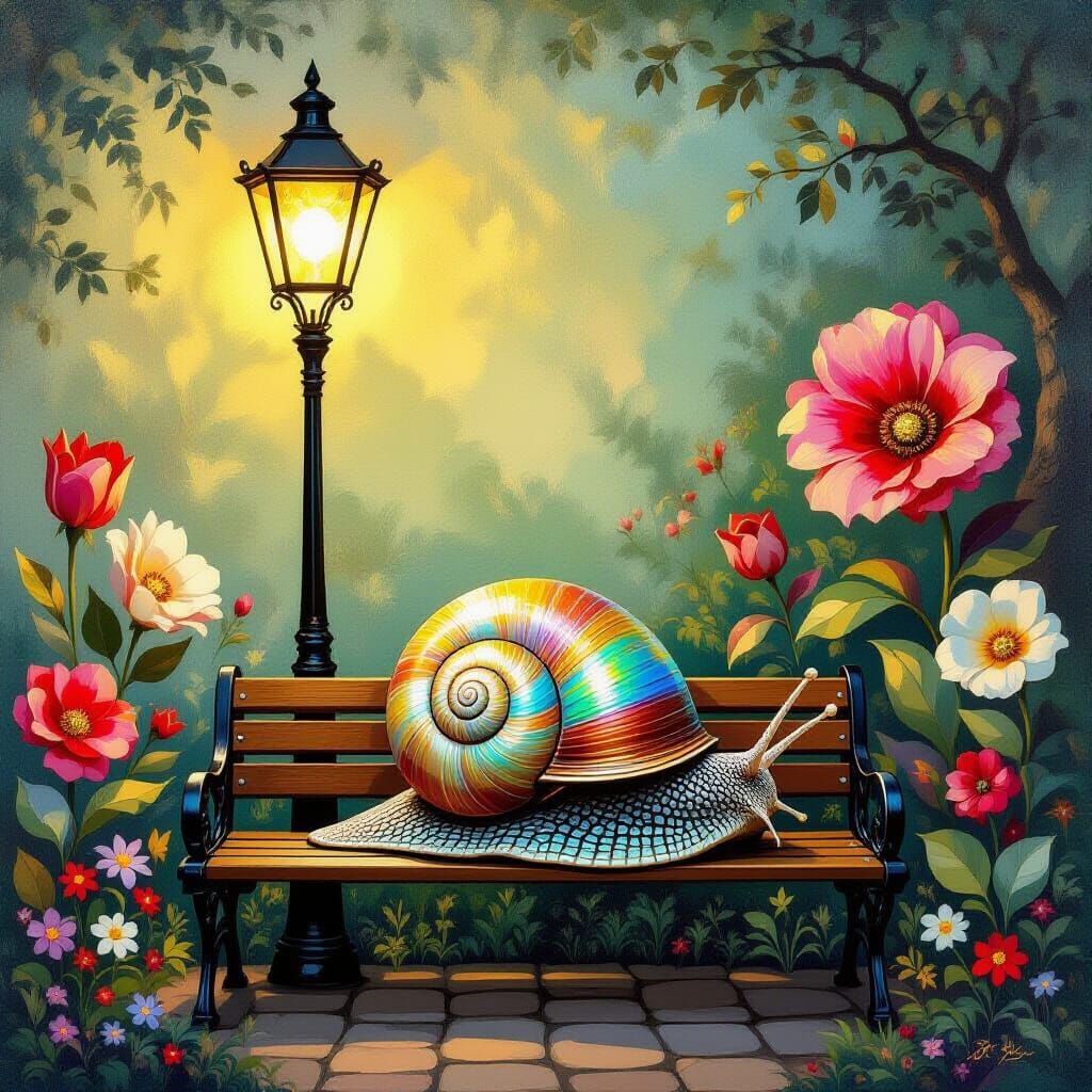 Surreal Snail on Bench in Dreamlike Garden