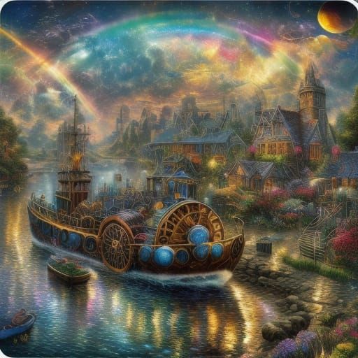 Futuristic Steampunk Waterwheel Churning Rainbow Water