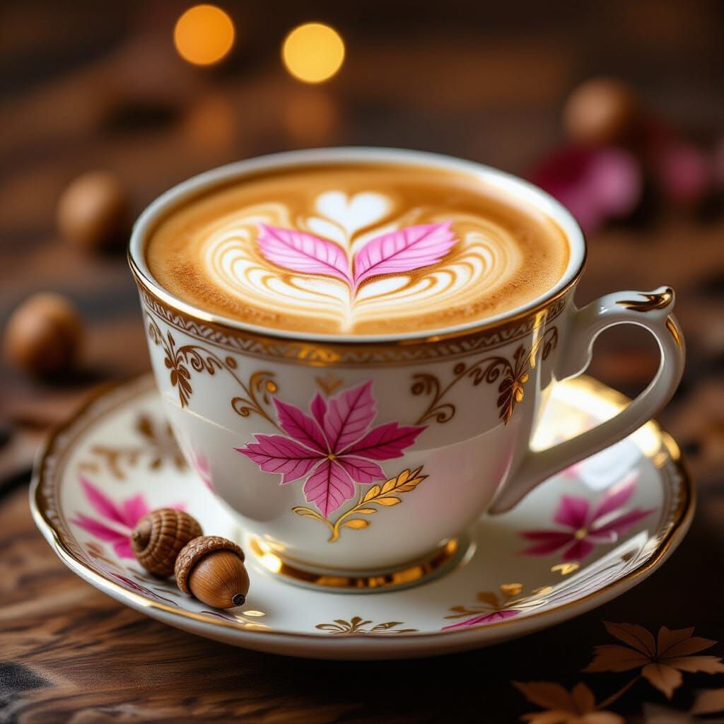 Elegant Coffee Cup with Pink Leaf Latte Art