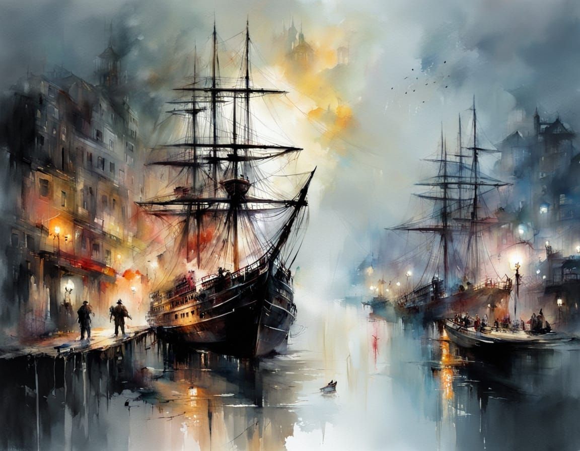 Pirate Ship Docking at Night as Detailed Painting